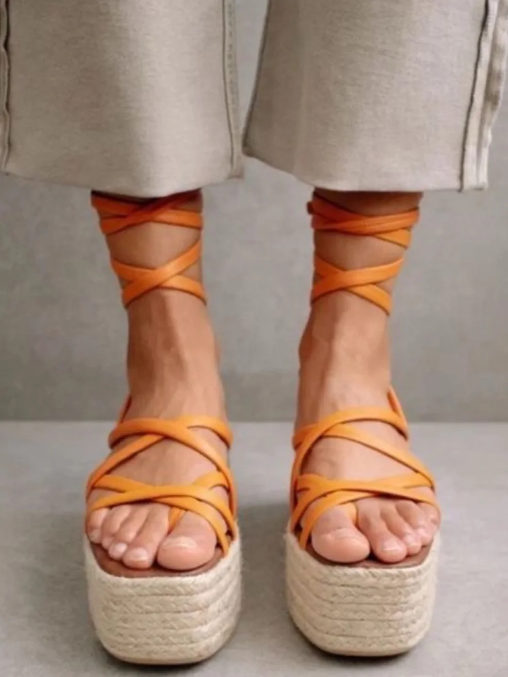 Anthropologie ALOHAS PAWPAW Orange Wrap Espadrille Platform Sandals Boho casual